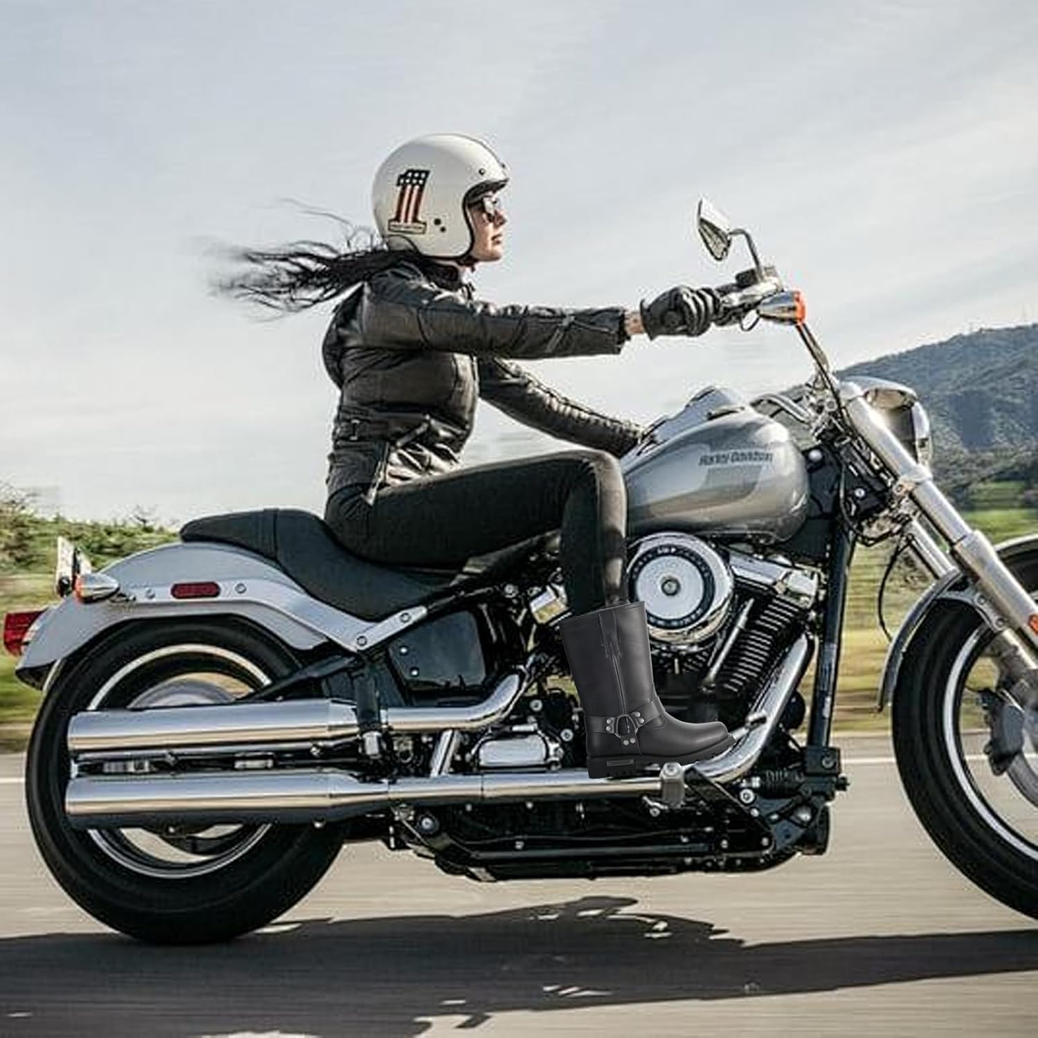 Motorcycle Boots for Women Black Mid Calf Motorcycle Riding Boots Waterproof PU Leather Boots