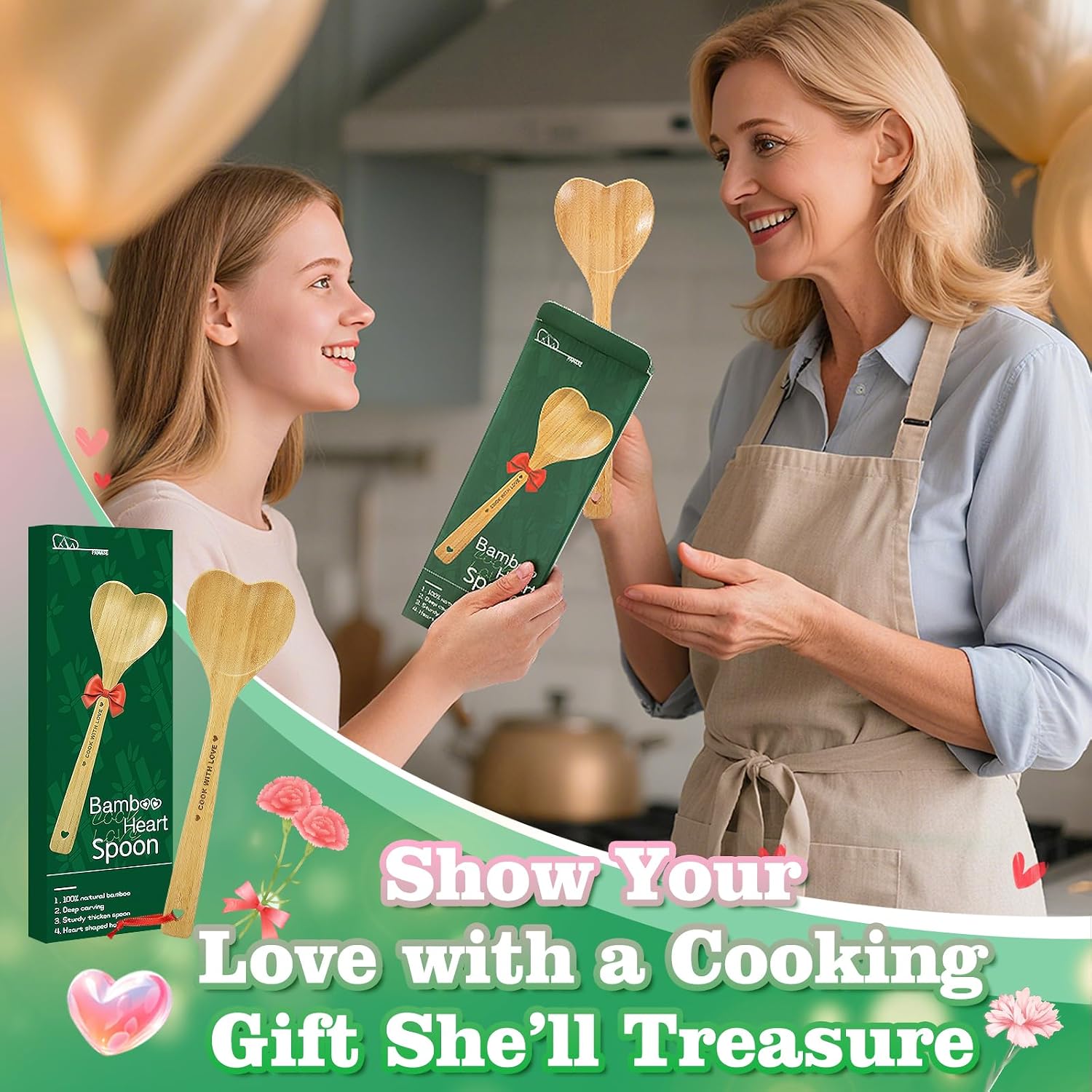 PAMASE Bamboo Heart-Shaped Spoon for Cooking