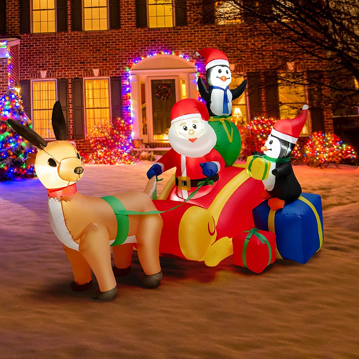 COSTWAY Aufblasbarer Weihnachtsmann mit Schlitten, LED Weihnachtsdekoration mit 2 Pinguinen, Geschenkboxen, Winterdekoration Weihnachtsbeleuchtung für Hof, Rasen, Garten, Party, Selbstaufblasend