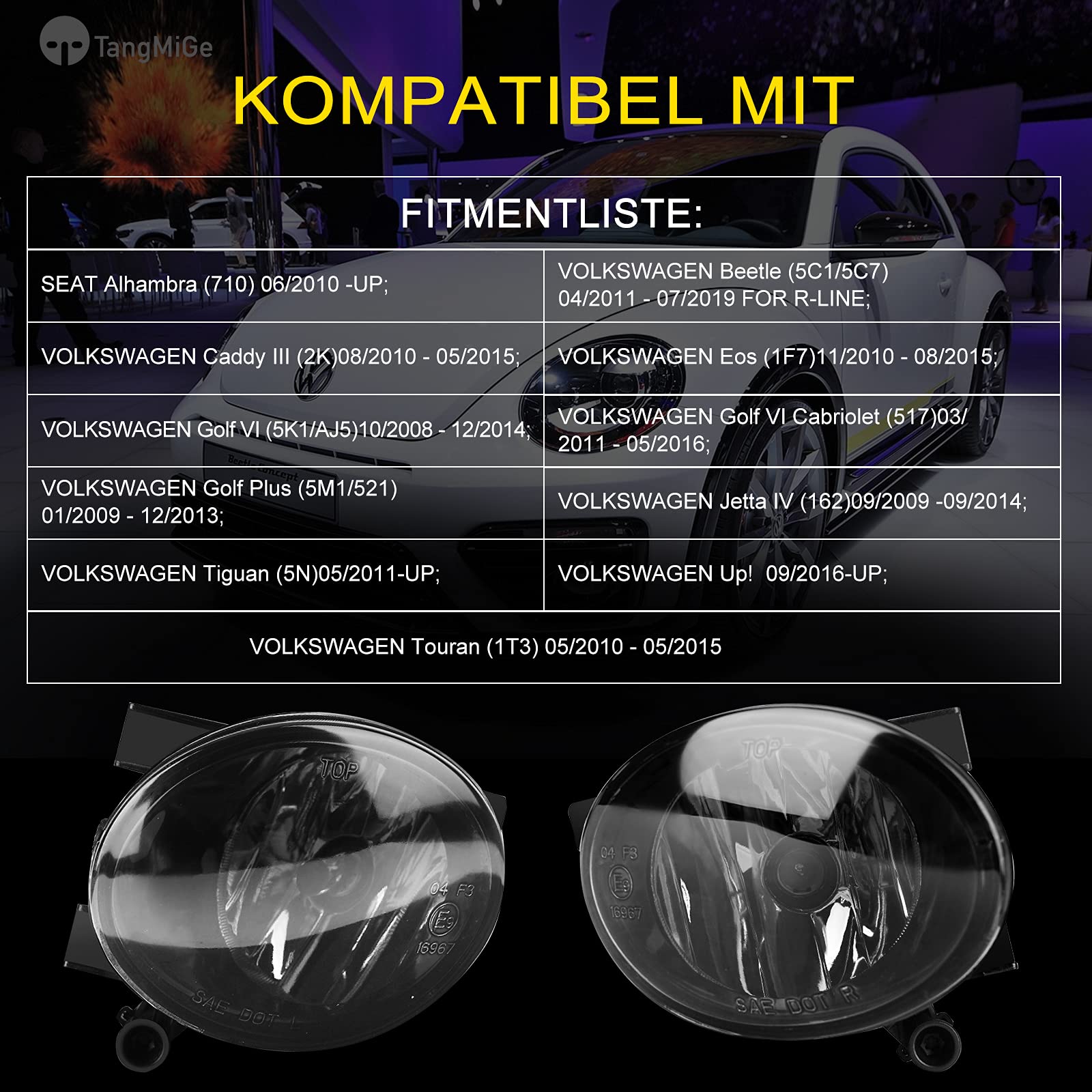 TangMiGe Światła Przeciwmgielne kompatybilny z Volkswagen VW Tiguan Beetle Caddy 3 III Eos Golf 6 VI/Cabriolet/Plus Jetta 4 IV Touran Up, SEAT Alhambra 710 (1 Para Czarny)