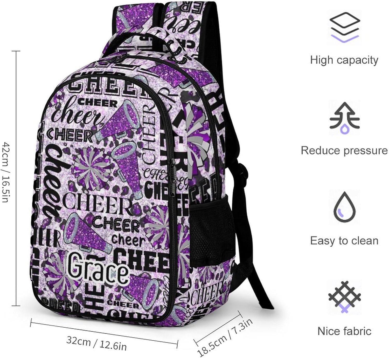 Cheer Cheerleader Backpack Cheerleading BookBag Custom with Padded Bag Name Cheer Team Spirit Gym Bag for Girls Teens, Water-Resistant School Backpack(Purple)