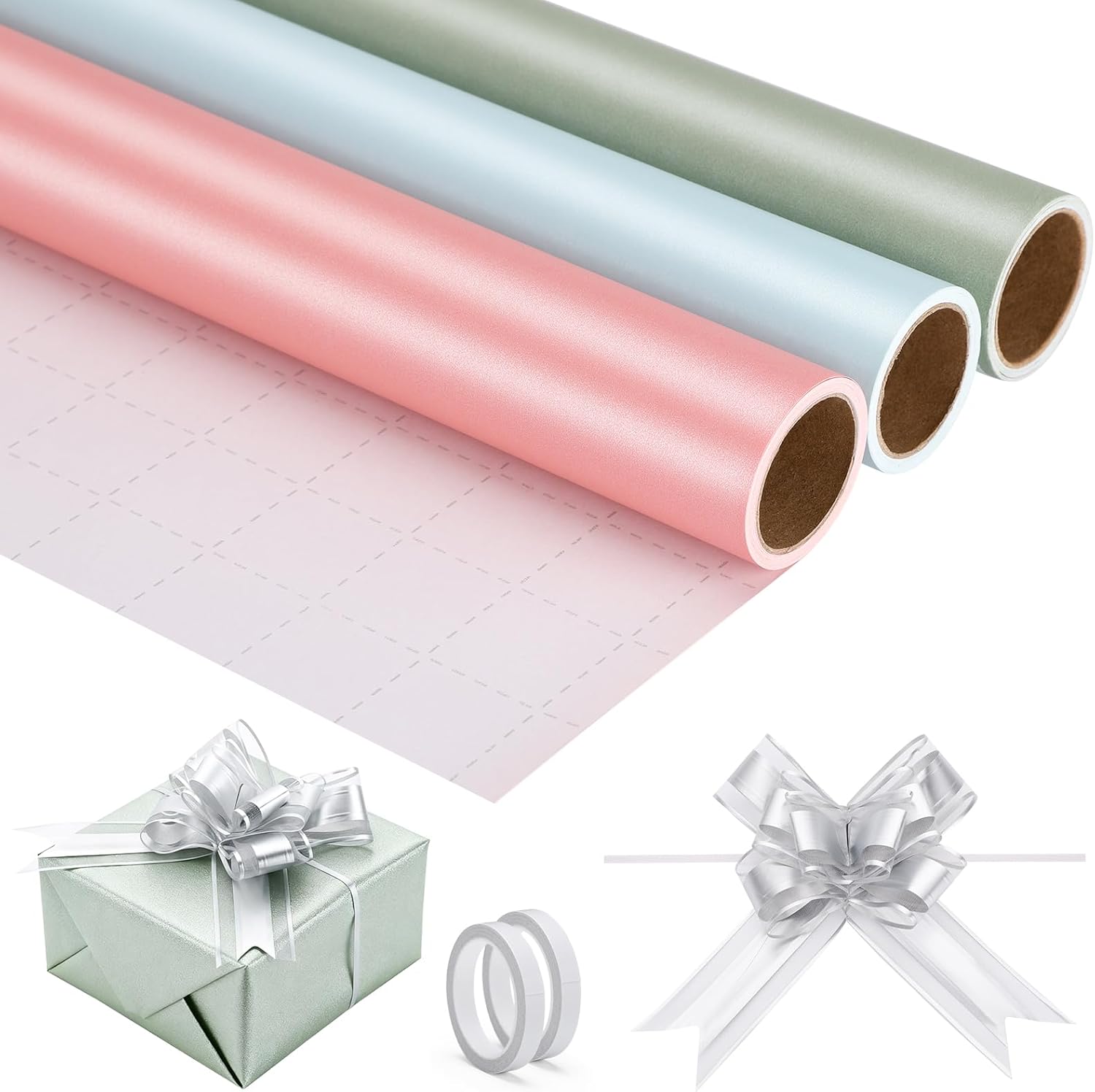 EUSOAR Gift Wrapping Paper, 3 Rolls(17 in x 10ft Each) Solid Color Pearly-Lustre Wrapping Paper with 10pcs Silver Pull Bows, Crafts Wrap Paper DIY Bouquet Packaging for Wedding Birthday Party