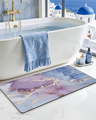 Miniatura 12 de DEXI Alfombra de baño ultra fina, antideslizante para suelo de ducha, absorbente, de secado rápido, de mármol, perfil bajo, 17 x 32 pulgadas, color