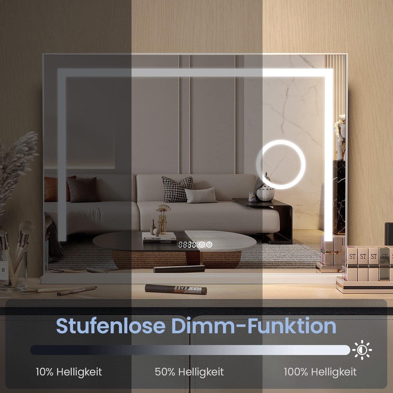 Hollywood Spiegel 70x50cm Schminkspiegel Kosmetikspiegel Kosmetikspiegel beleuchtet mit Led Beleuchtung Vergrößerung Licht,Digital Uhr,dimmbar,3 Lichtfarben,3xVergrößerung,Touch Schalter,Alurahmen