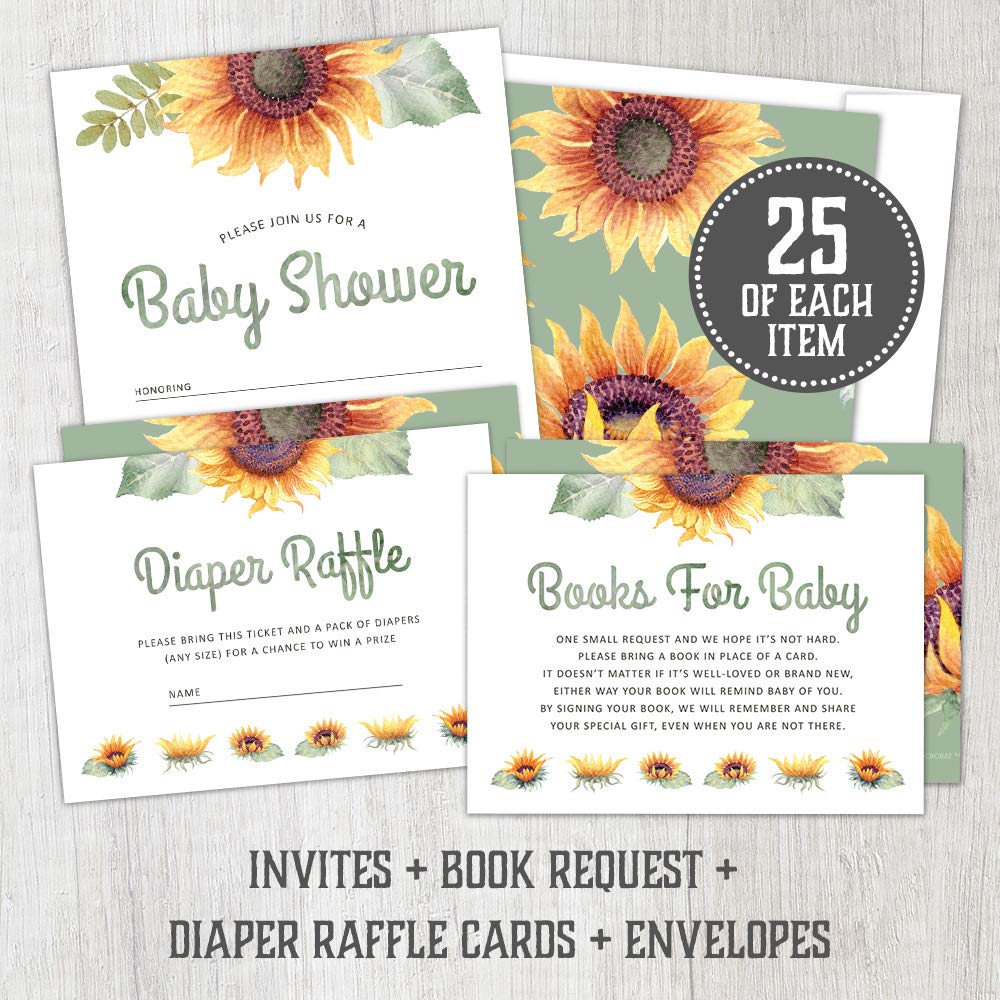 Zestaw 25 zaproszeń na baby shower ze słonecznikiem, bilety na pieluchy i kartki z życzeniami na baby shower, z kopertami, zaproszenia na baby shower dla dziewczynki w kwiaty boho