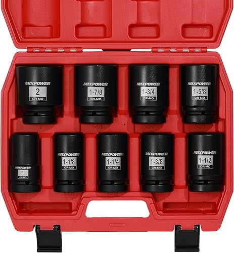 Miniatura 2 de MIXPOWER Juego de dados profundos de impacto de 1 pulgada, 9 piezas, 6 puntos, 1" - 2", CR-MO, SAE, profundo, 1" Dr. Deep husillo eje tuerca impacto