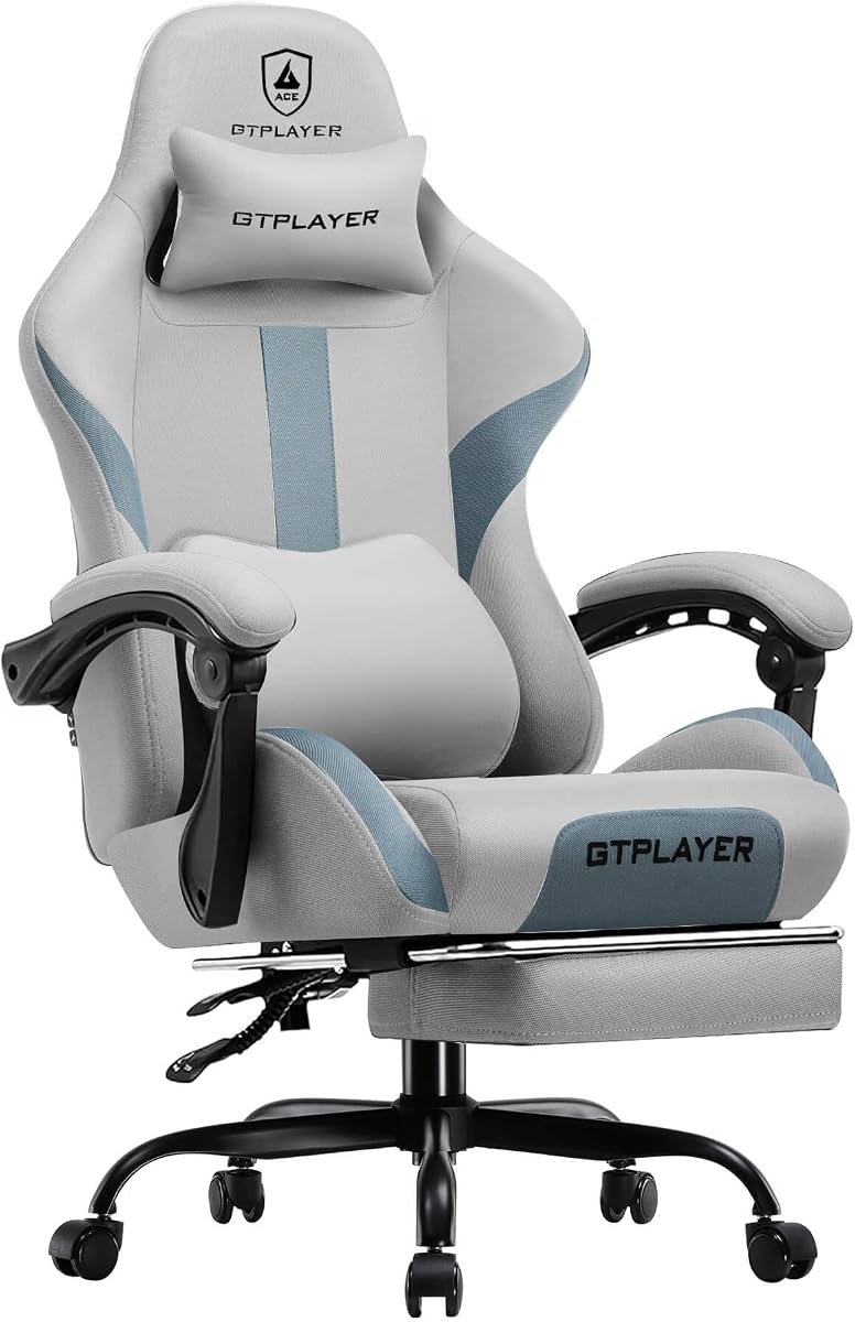 GTPLAYER Gaming Chair with Foot Rest & Pocket Spring Cushion, Breathable Fabric for Home Office Desk, Ergonomic High Back Computer Chair with Headrest & Lumbar Support, Gray