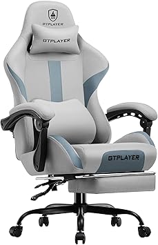 GTPLAYER Gaming Chair with Foot Rest & Pocket Spring Cushion, Breathable Fabric for Home Office Desk, Ergonomic High Back Computer Chair with Headrest & Lumbar Support, Gray