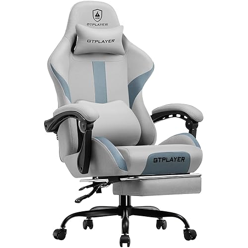 GTRACING Gaming Chair with Foot Rest & Pocket Spring Cushion, Breathable Fabric for Home Office Desk, Ergonomic High Back Computer Chair with Headrest & Lumbar Support, Gray