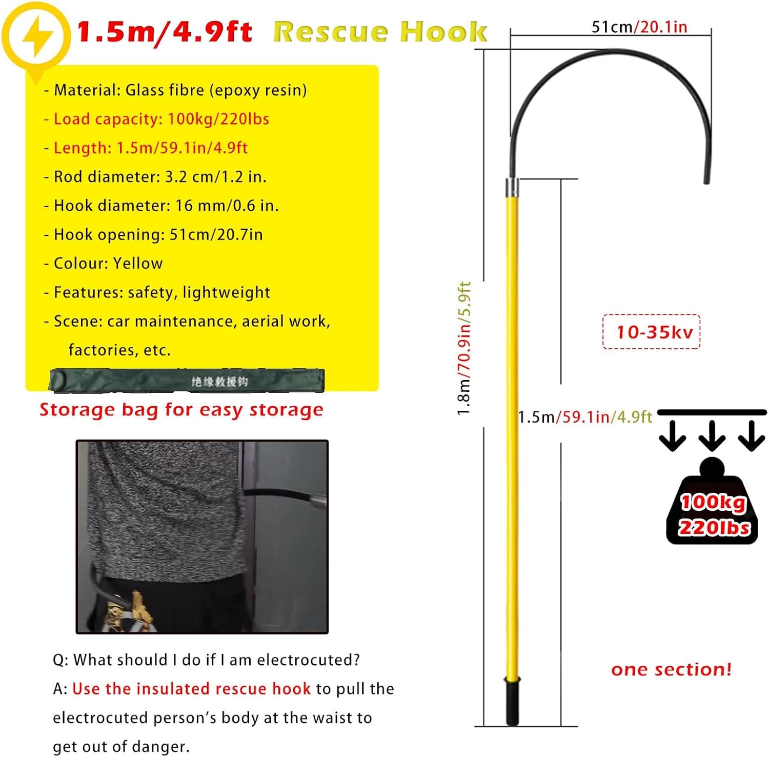Rescue Hook Emergency Lifesaving Pole 1m 1.5m 1.8m 2m 3m Anti-electrocution Emergency Rescue Pole, High Voltage Rescue Hook w/Insulated Handle - 20'' Opening, Puller Hook Safety Tool - 10kV 35kV 110kV
