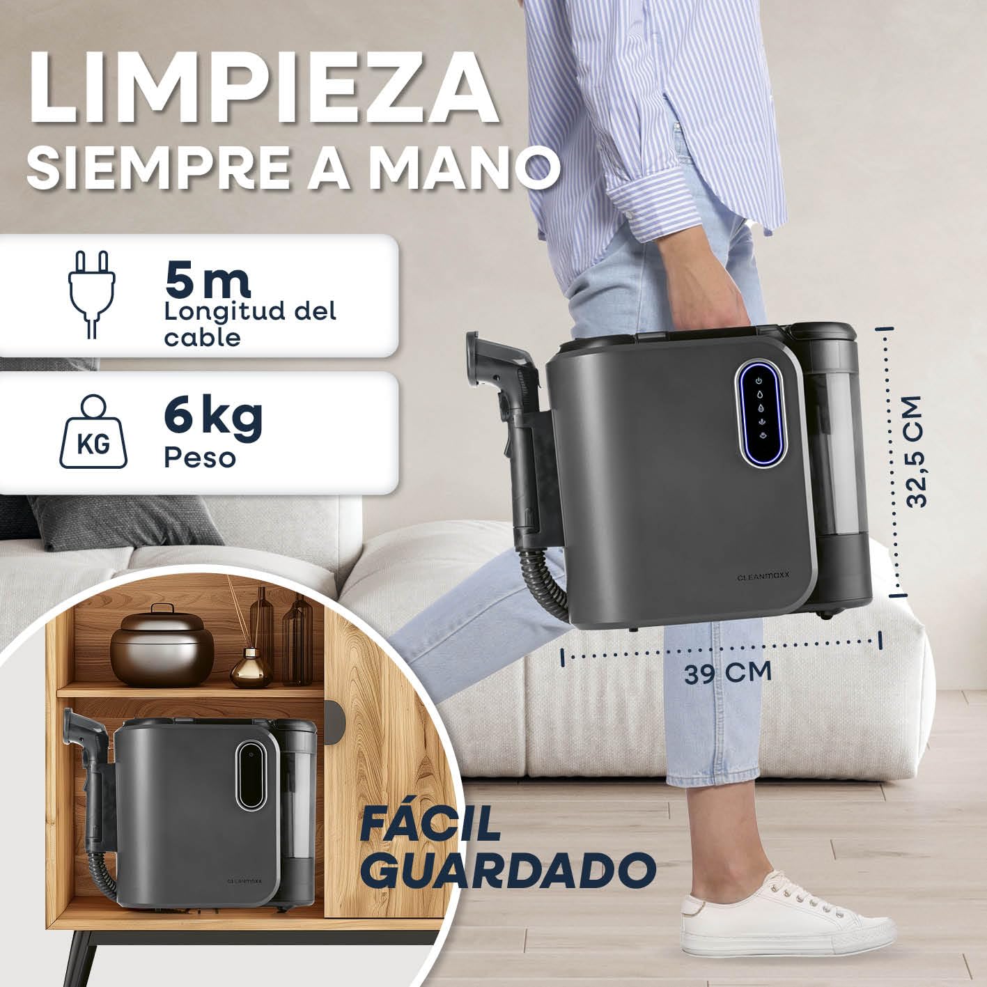 CLEANmaxx Limpiador de tapicería y alfombras Pro Steam | 3 en 1: limpiador de tapicería, limpiador de puntos, limpiador de manchas con tecnología de agua caliente y vapor para alfombras, coches