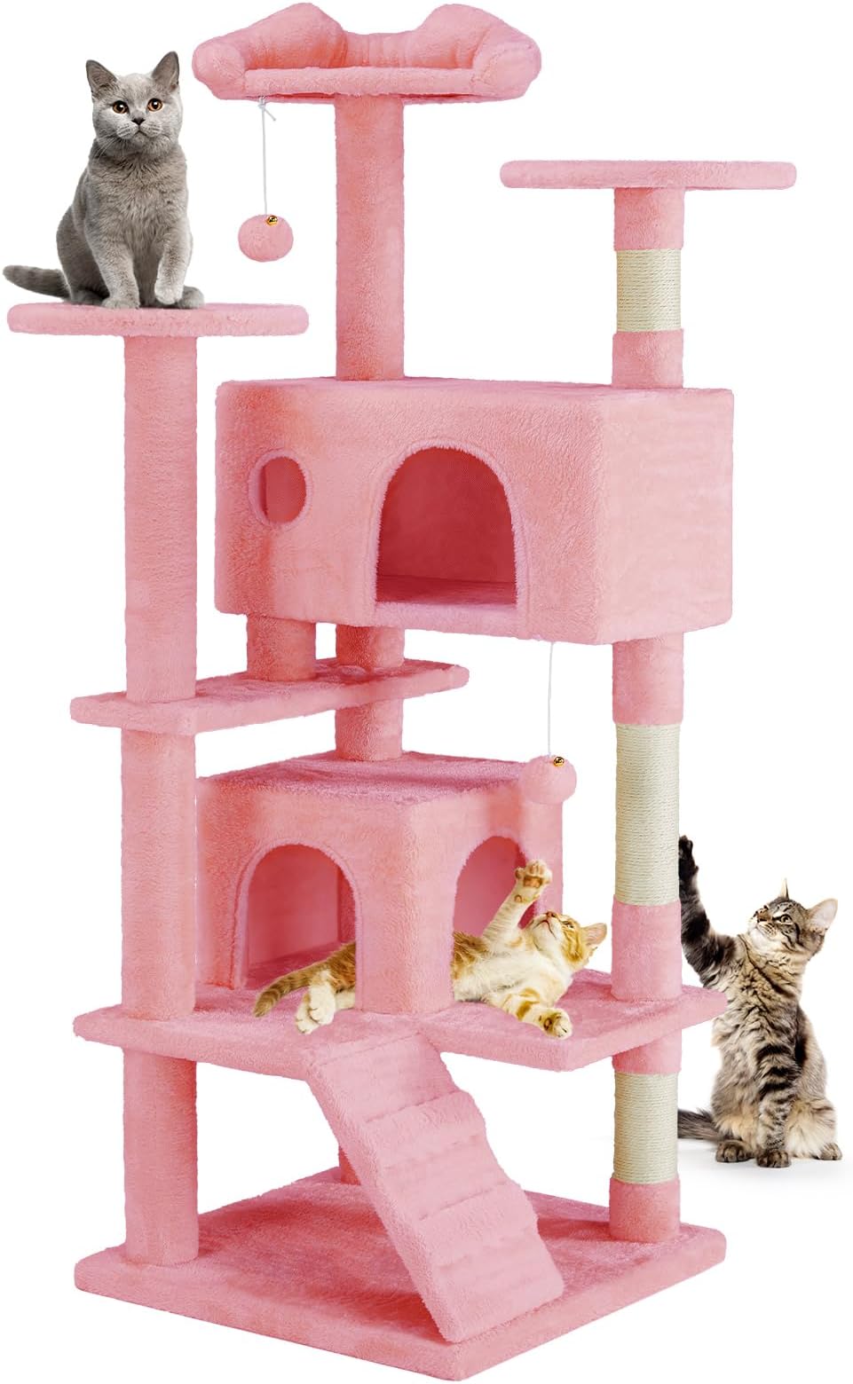 DUMOS 54-inch Indoor Cat Tree Tower –Multi-Level Pet House for Large Cats with 2 Condos, Scratching Posts, Round Platform, Small Ladder, and Toys, Pink