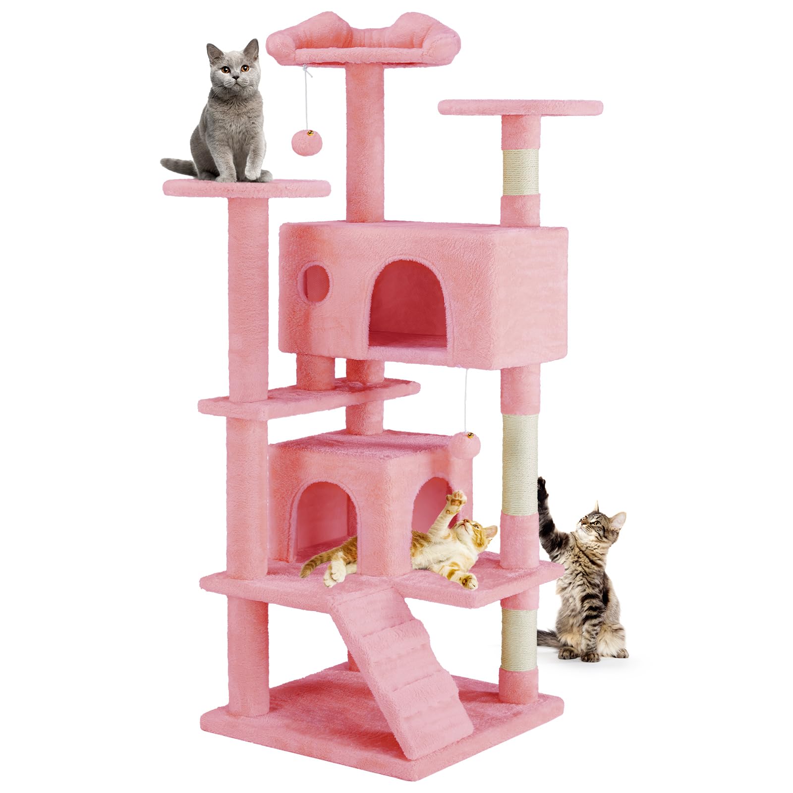 DUMOS 54-inch Indoor Cat Tree Tower –Multi-Level Pet House for Large Cats with 2 Condos, Scratching Posts, Round Platform, Small Ladder, and Toys, Pink