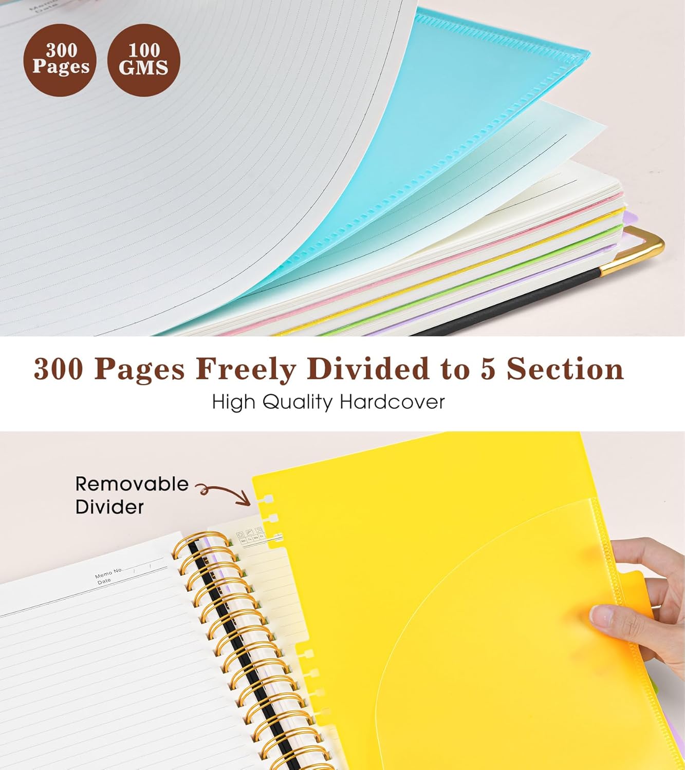 Hardcover Large Spiral Notebook 8.5" x 11" with Removable Dividers Tabs, 300 pages Leather 5 Subject Notebook College Ruled, A4 Journal for Women Men, Notebooks for Work School Note taking,Black - Image 3