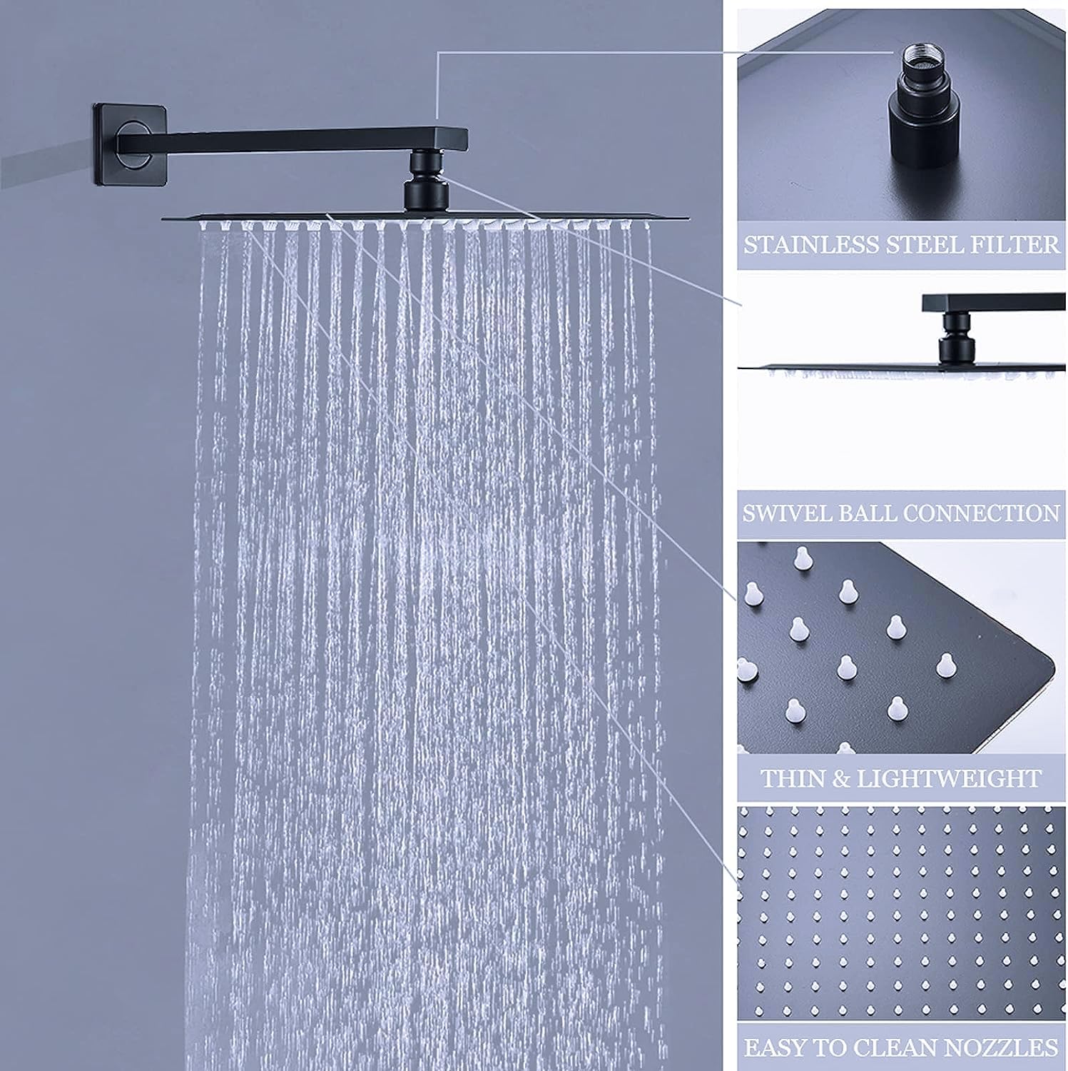 Soffione doccia a pioggia da 40,6 cm, ad alta pressione, quadrato, in acciaio inox, con ugello in silicone, copertura completa del corpo, ultra sottile, a risparmio idrico, nero