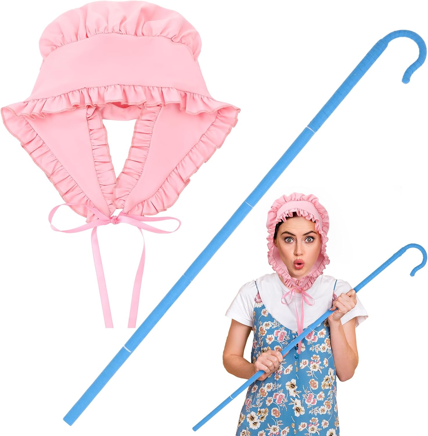 2 Pcs Shepherdess Costume,Pink Medieval Bonnet&Blue Staff for Women Children Carnival Halloween Cosplay Party