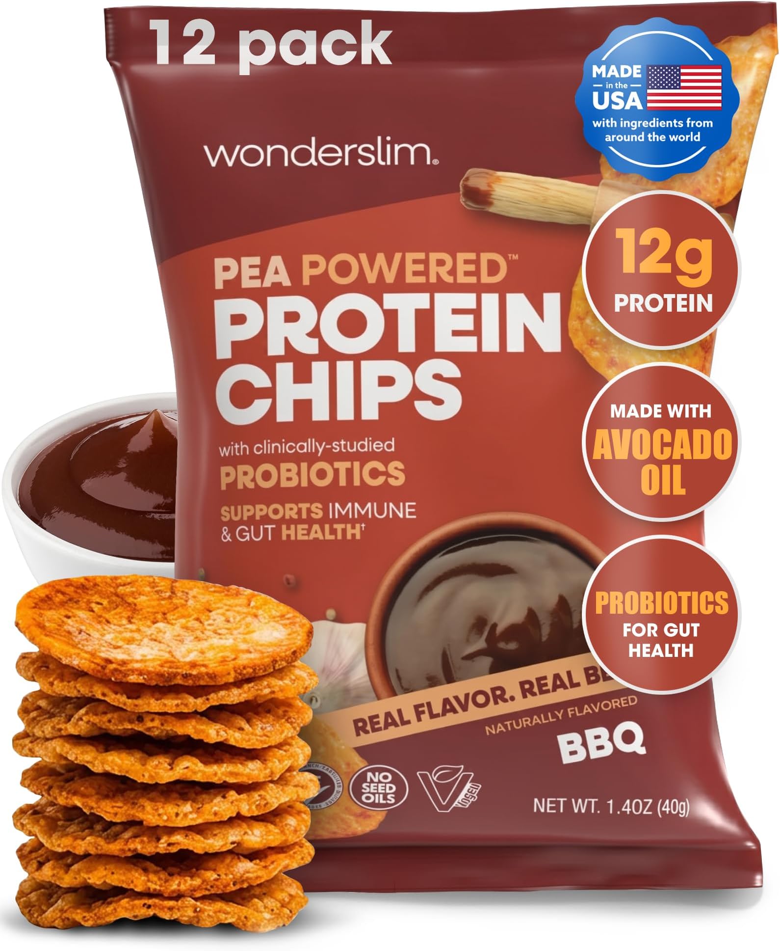 Wonderslim Protein Chips with Probiotics โ 12ct, BBQ Pea Protein Crisps | 12g Plant Protein, 170 Cal, 2 Billion CFUs of Probiotics โ Low Cal, Vegan Snack, Gluten Free, Non-GMO โ Made with Avocado Oil