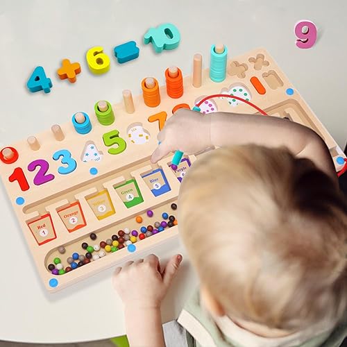 Miniatura 4 de Juguetes Montessori de madera 4 en 1, laberinto magnético de color y número para niños pequeños, rompecabezas de aprendizaje a juego de conteo de