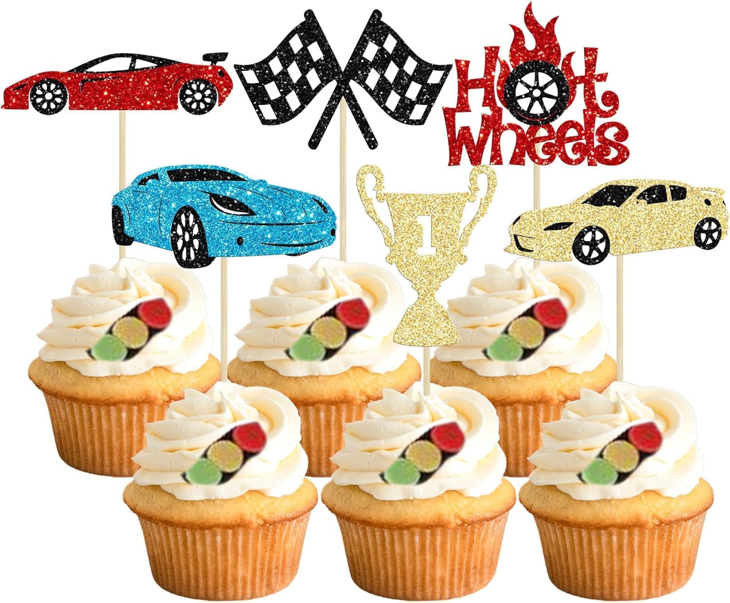 24Pcs Race Car Cupcake Toppers Glitter Traffic Light Steering Wheel Trophy Flag Racing Car Cupcake Pick Decorations for Let's Go Racing Sports Theme Birthday Party & Baby Shower