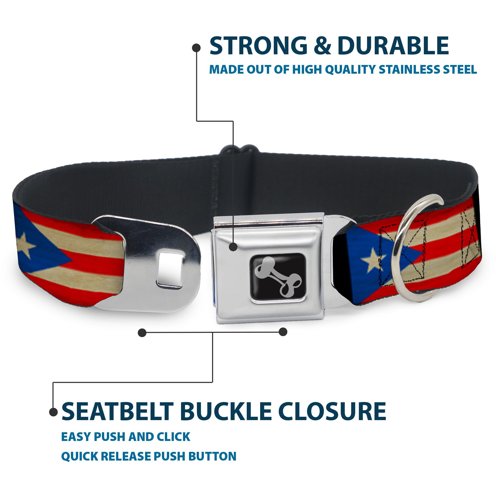 Buckle-Down Obroża dla psa z klamrą pasa bezpieczeństwa - flaga Portoryko wyblakła - szerokość 3,8 cm - pasuje na szyję 45-81 cm - duża