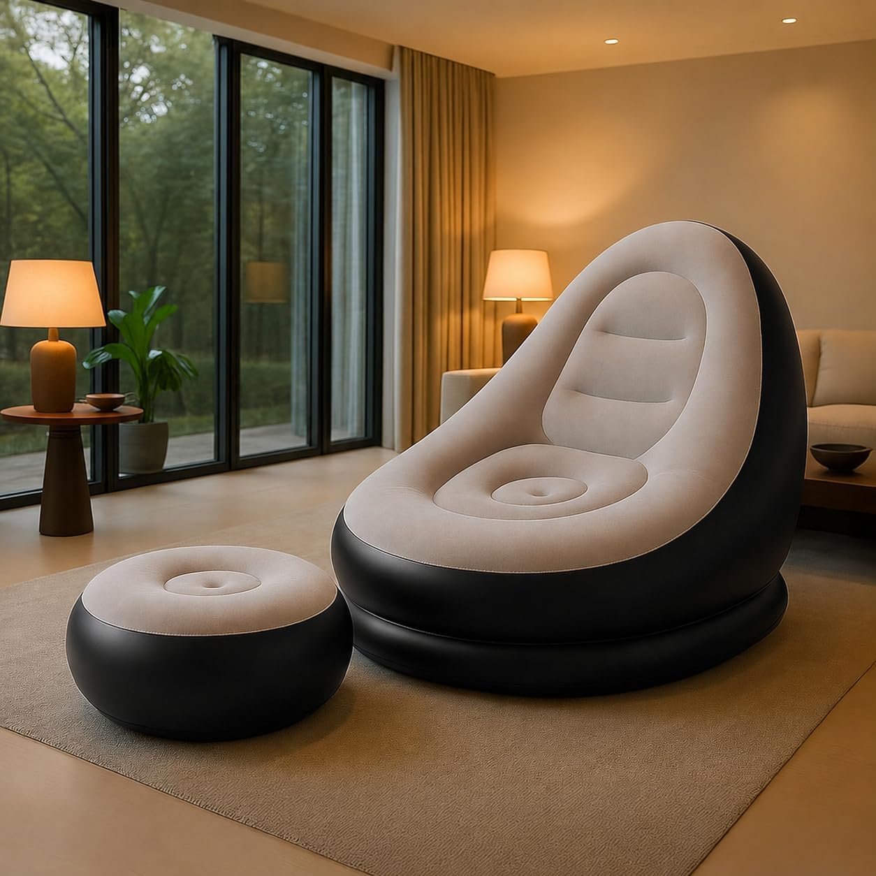 Inflatable Lounge Chair for Adults, Foldable Air Couch Sofa, Grey, Modern Style Inflatable Sofa with Ottoman, Loveseat for Indoor Use, 150 KG Weight Capacity-image-47