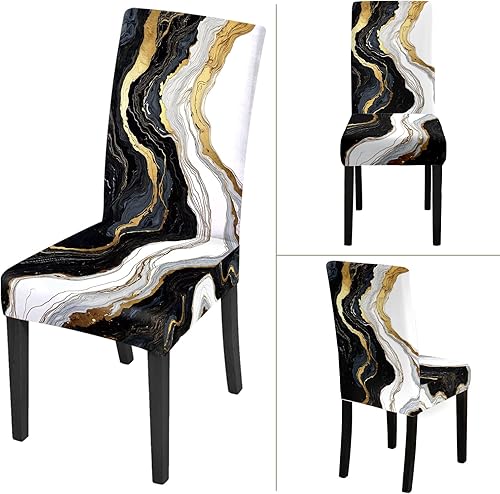 Miniatura 7 de ANNA QUEEN Juego de 4 fundas para sillas de comedor y cocina, color dorado y negro, elegantes fundas elásticas lavables para sillas de comedor,
