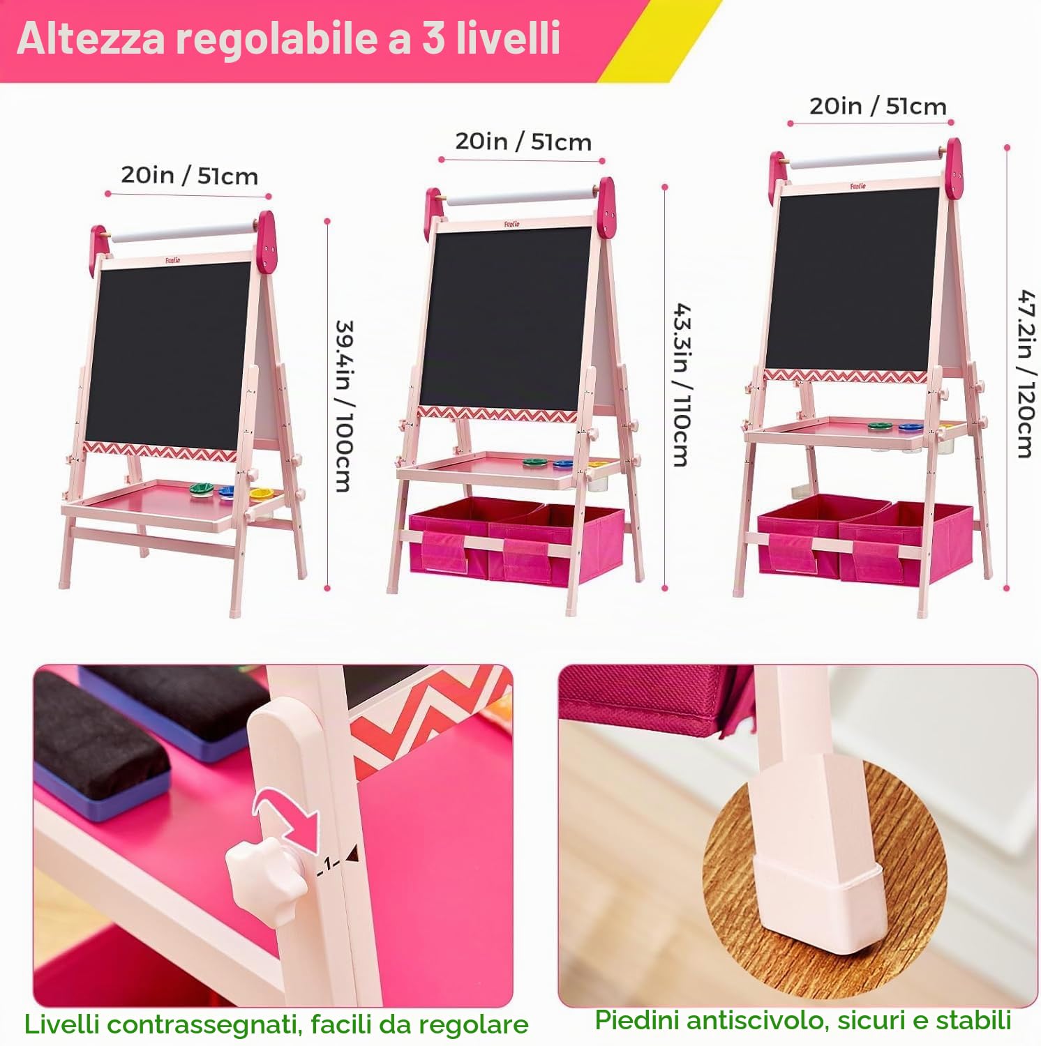 FUNLIO Lavagna per Bambini 3-8 Anni, Pannello Anti-Warp e Cornice Cancellabile, 3 Altezze Regolabili Lavagna Bambini Con Cavalletto/Magnetica, Rotolo di Carta - Rosa