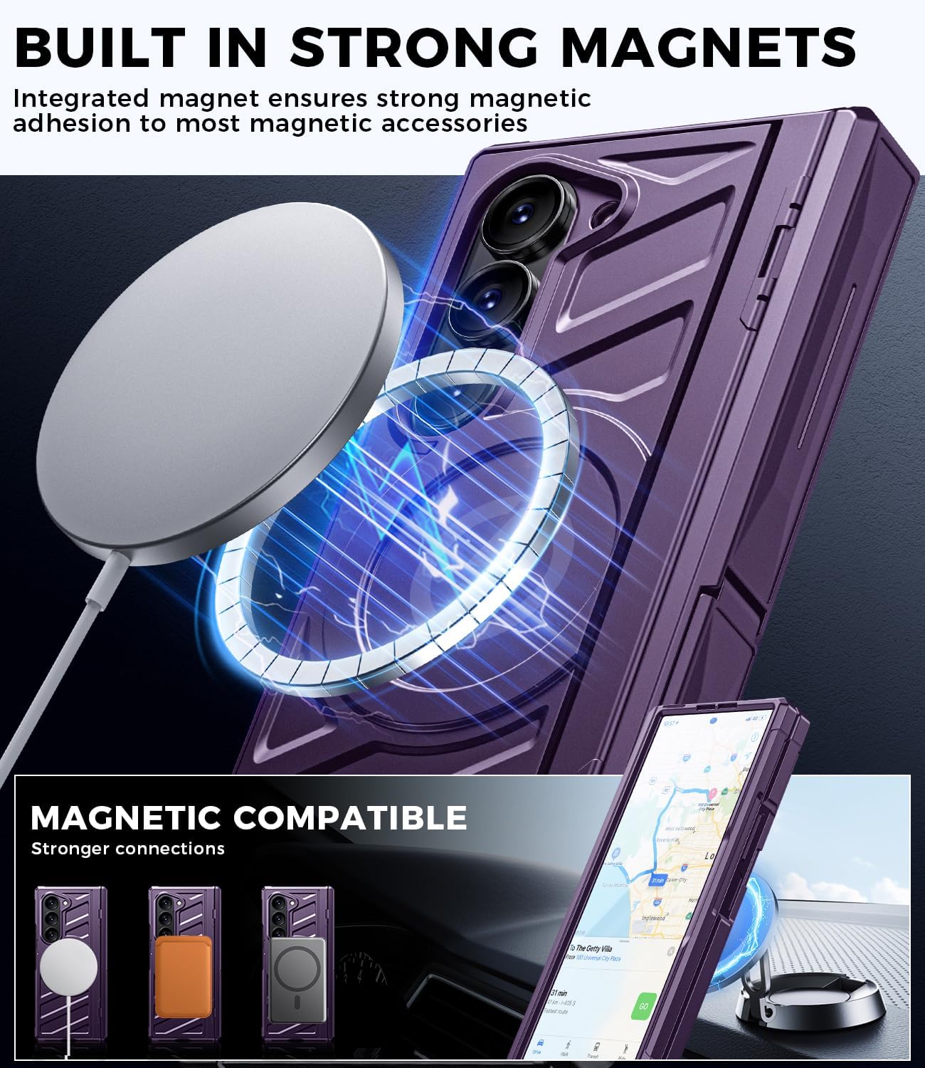 Magnetic for Galaxy Z-Fold-6 Case: Heavy Duty Armor Phone Case [Compatible with MagSafe][Hinge Protection][Dual Kickstand] Shockproof TPU+PC Cover for zfold 6 5G 2024 Purple