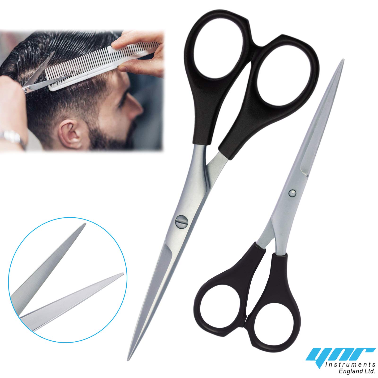 YNR England Hairdressing Barber Hair Scissor for Professional Hairdressers Barbers Stainless Steel Hair Cutting Shears - For Salon Barbers, Men, Women, Children and Adults (Scissors+Comb)