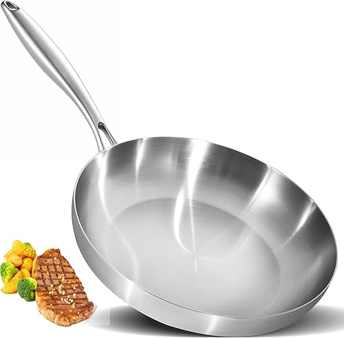 LOLYKITCH Sartén de acero inoxidable de tres capas de 12 pulgadas, sartén, sartén de inducción, apta para lavavajillas y horno, mango resistente y