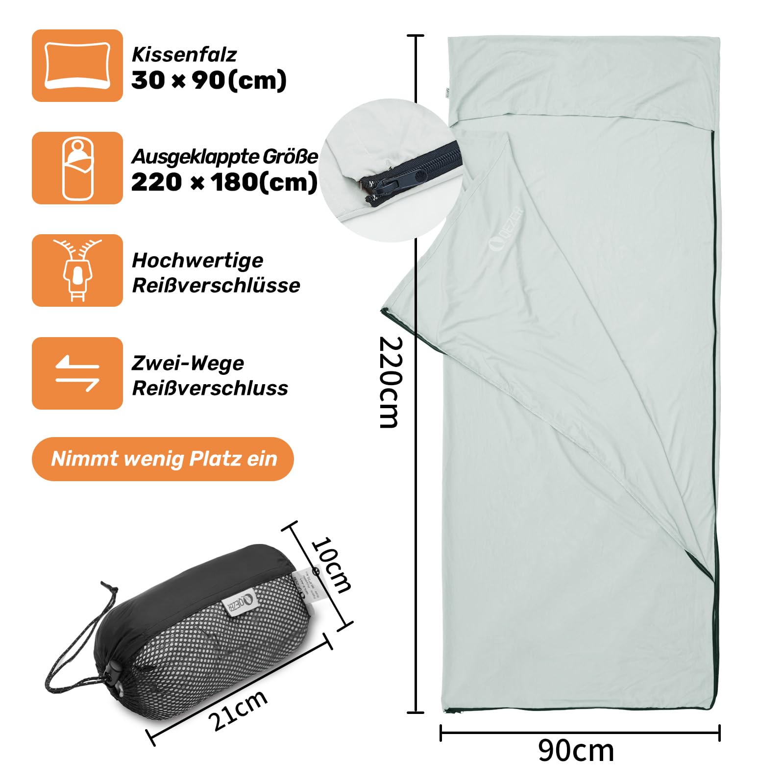 hüttenschlafsack,Schlafsack Sommer Seidig weich und mit praktischem Reißverschluss leicht zu verstauen, ideal für Erwachsene und Kinder auf Rucksackreisen oder zur Nutzung in Hotels.