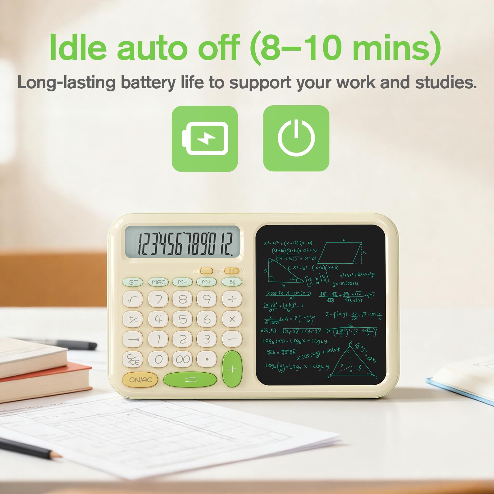 ROATEE Foldable 2-in-1 Basic Calculator with Erasable LCD Handwriting Tablet,12-bit HD Widescreen,Rechargeable Solar Dual Power Supply,Suitable for Students and Office Use (Green) — view 7