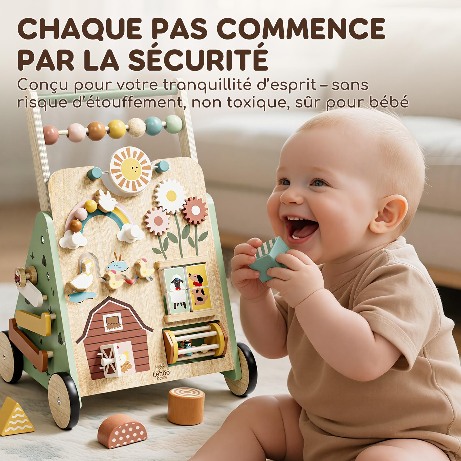 Chariot de Marche en Bois, Trotteur Bebe, Réglable Baby Walker Garçon Fille avec Centre d’Activités, Jouet Montessori Enfant 12 Mois+
