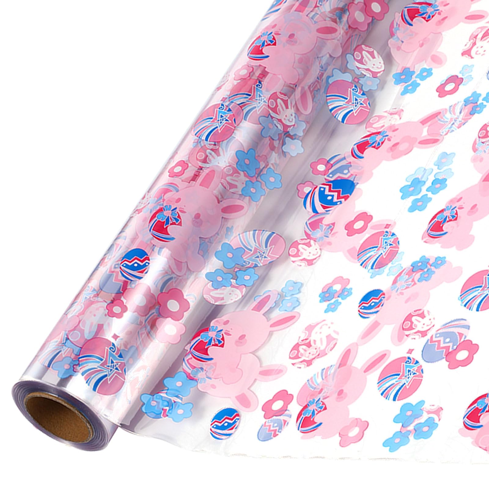FYSUIMU Easter Cellophane Wrap Roll 100Ft X 16In 2.5Mil Colorful Egg Cellophane Paper Cute Bunny Floral Cello Wrapping Paper For Spring Party Favor Treat Basket
