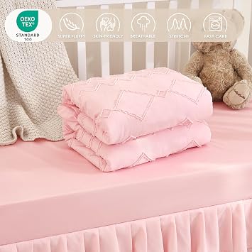 3-Piece Tufted Ruffle Crib Bedding Set for Girls Boys - Soft Cute Nursery Bedding Set Includes Boho Crib Comforter, Crib Sheet, and Crib Skirt (Pink)