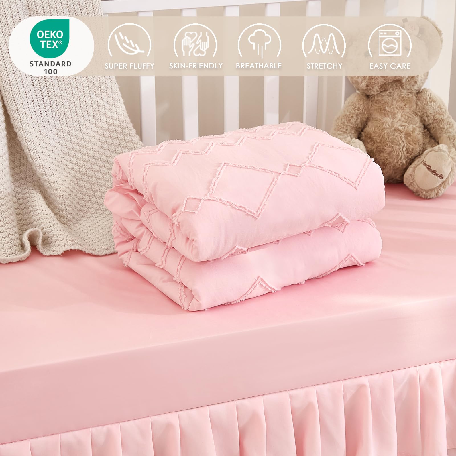 Juego de ropa de cama de 3 piezas para cuna de niñas y niños, juego de ropa de cama suave y lindo que incluye edredón bohemio para cuna, sábana de cuna y falda de cuna (rosa)
