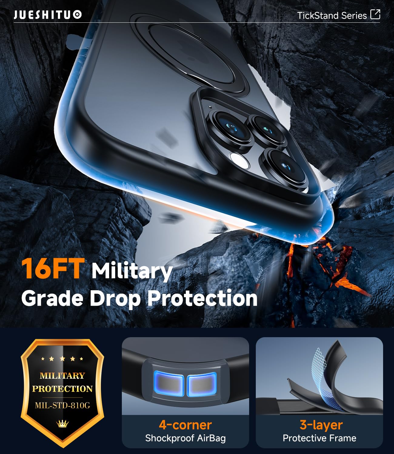 JUESHITUO For IPhone 16 Pro Max Case: 360° Spin Magnetic Stand, Full