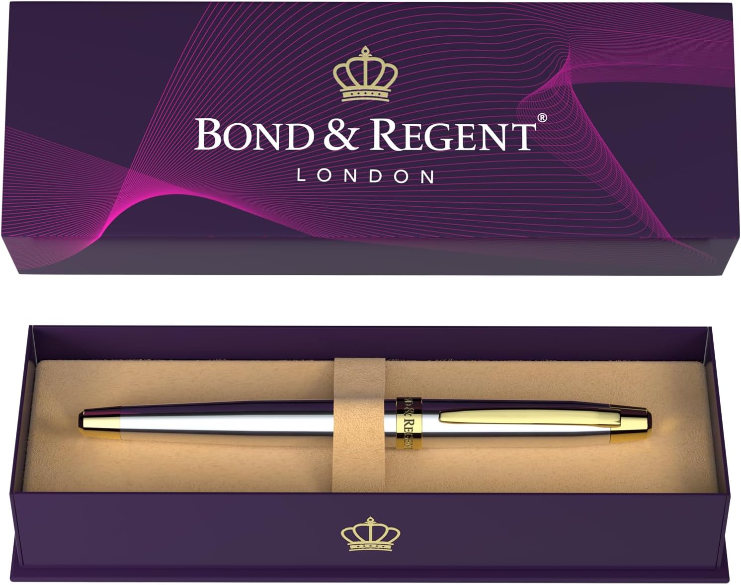 Bond & Regent 24 Karat Gold Luxury Rollerball Pen - Fancy Executive Professional Writing Gift Set for Men & Women, Nice Pens, Silver Chrome