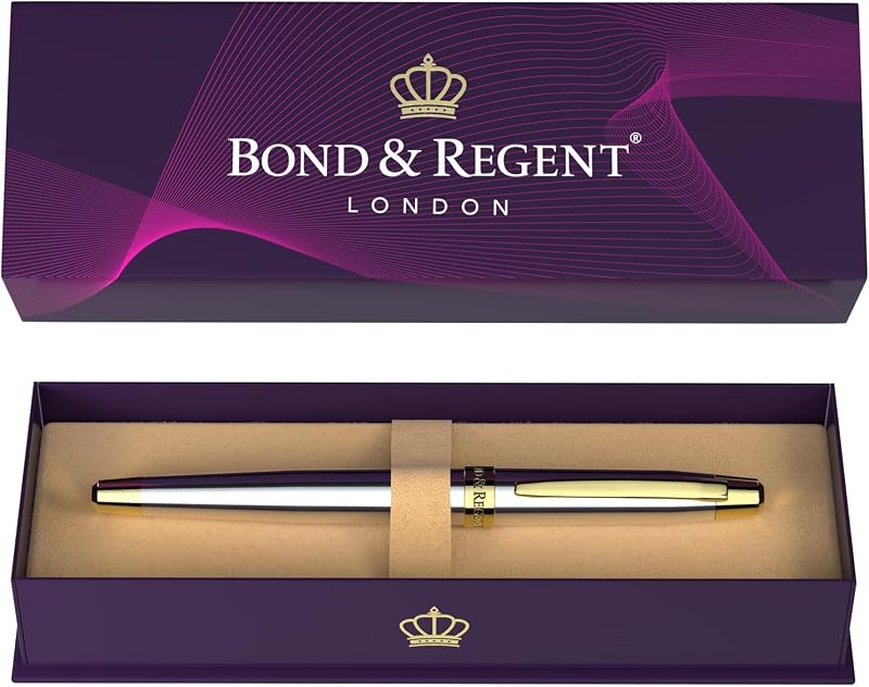 Bond & Regent Bolígrafo Roller de Lujo en Oro de 24 Quilates - Fancy Executive Set de Regalo de Escritura Profesional para Hombres y Mujeres, Bolígrafos Bonitos, Cromo Plateado