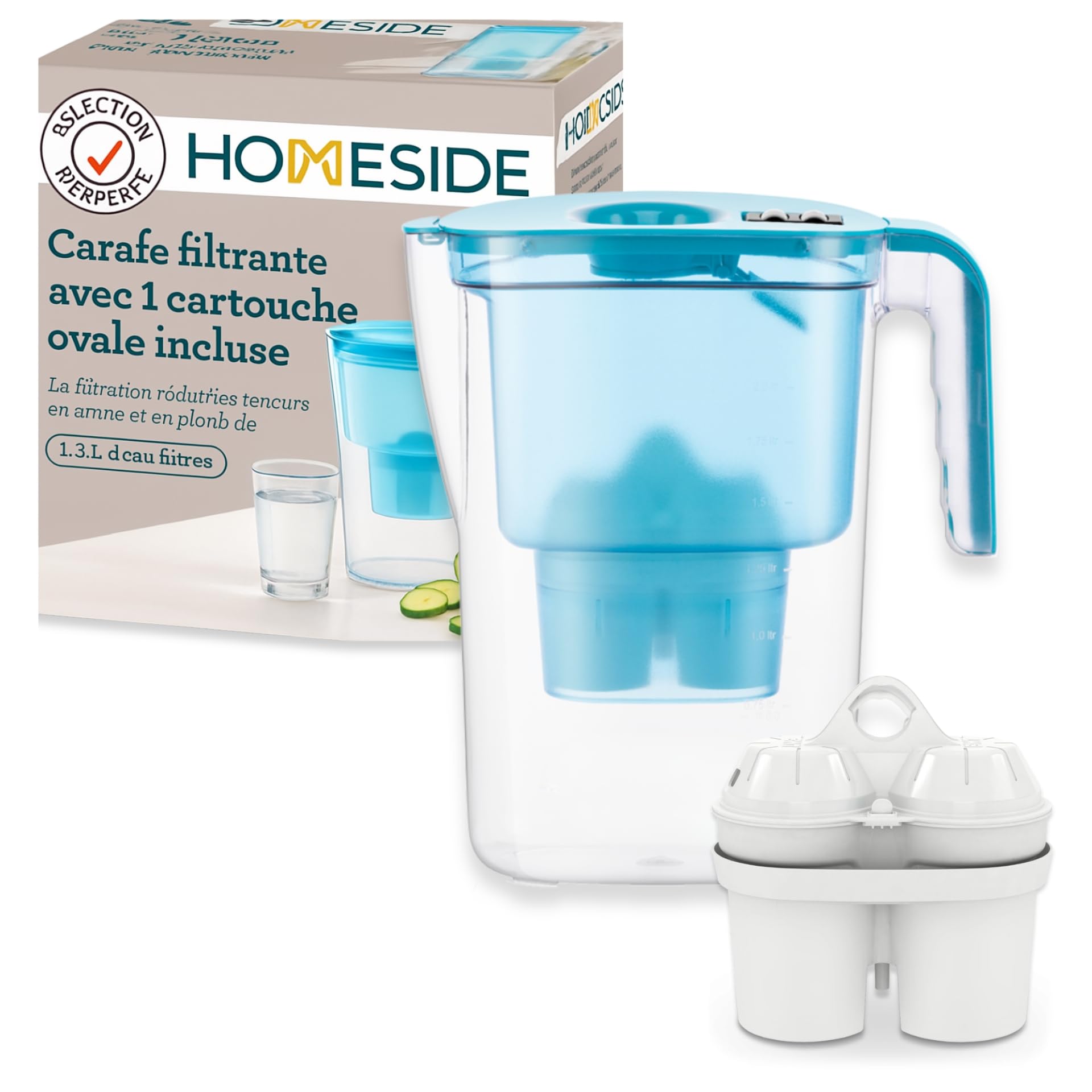 Wasserfilter Kanne Homeside Blau inkl. 1x Kalkfilterkartusche | Wasserfilter Trinkwasser 2,6L | Filter für weiches gefiltertes Wasser | Trinkwasserfilter | filtert Kalk, Chlor, Blei und Kupfer