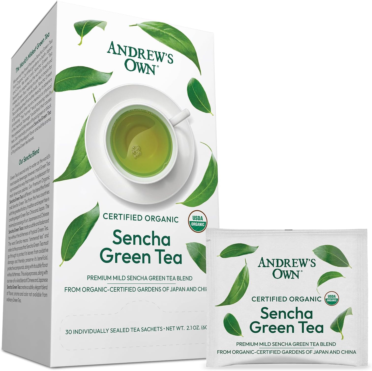 ANDREW LESSMAN Tea - Sencha Green Tea 60 Sachets - Blend of Finest Premium Sencha Green Tea from Organic-Certified Gardens in Japan and China. Subtle, Balanced, No Bitterness, Rich in Healthy EGCG