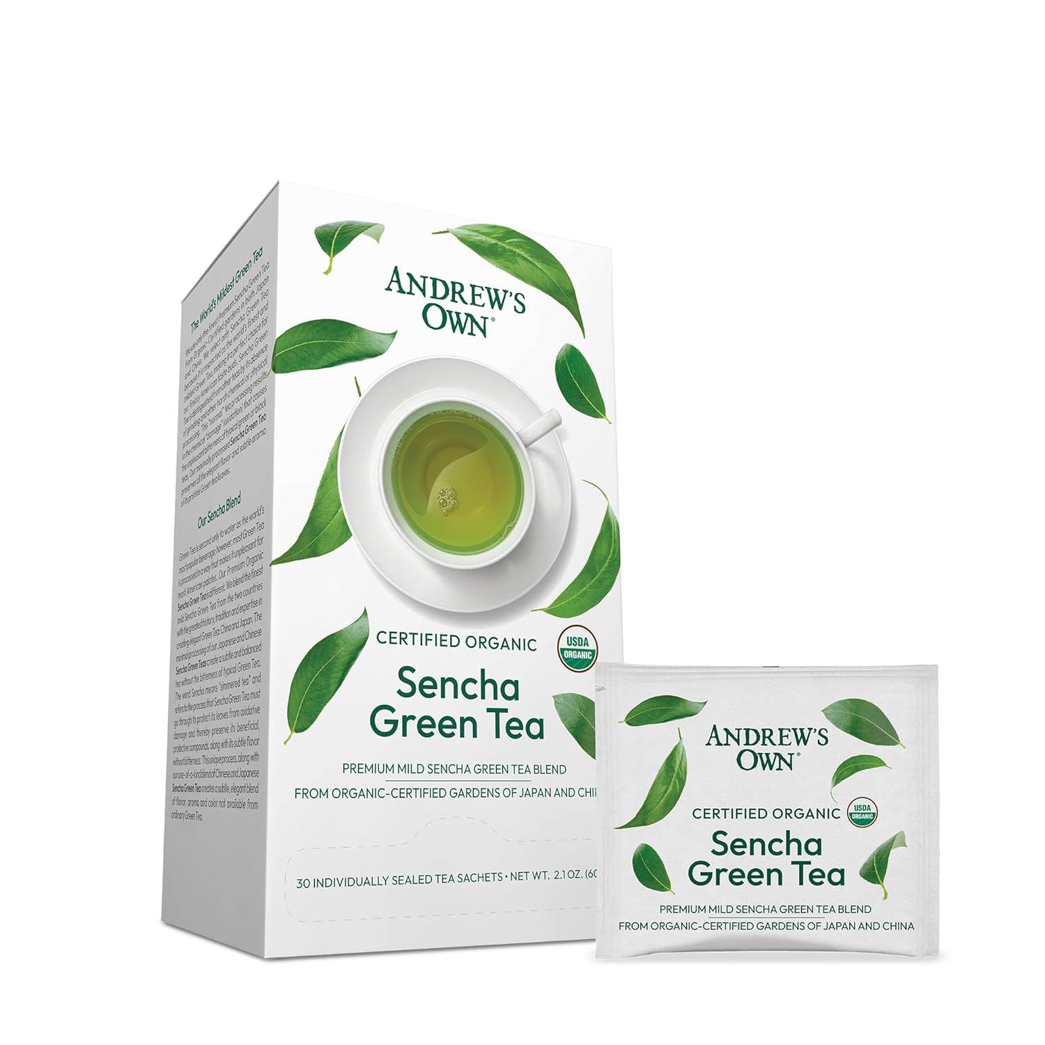 ANDREW LESSMAN Tea - Sencha Green Tea 60 Sachets - Blend of Finest Premium Sencha Green Tea from Organic-Certified Gardens in Japan and China. Subtle, Balanced, No Bitterness, Rich in Healthy EGCG