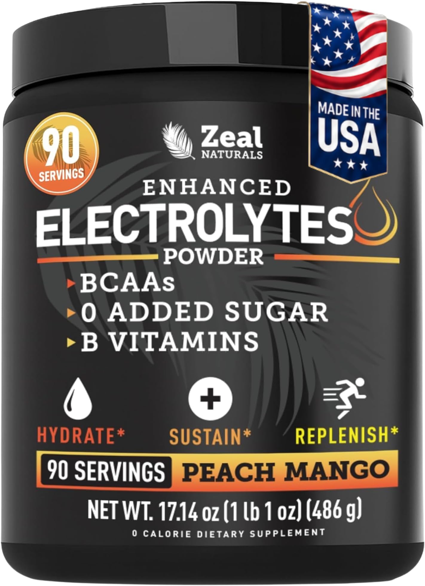 Zeal Electrolyte Powder - 90 Servings | Keto Electrolytes Powder | Zero Sugar, BCAAs, B-Vitamins | Potassium, Zinc, Magnesium | Hydration Powder Recovery Drink | Peach Mango