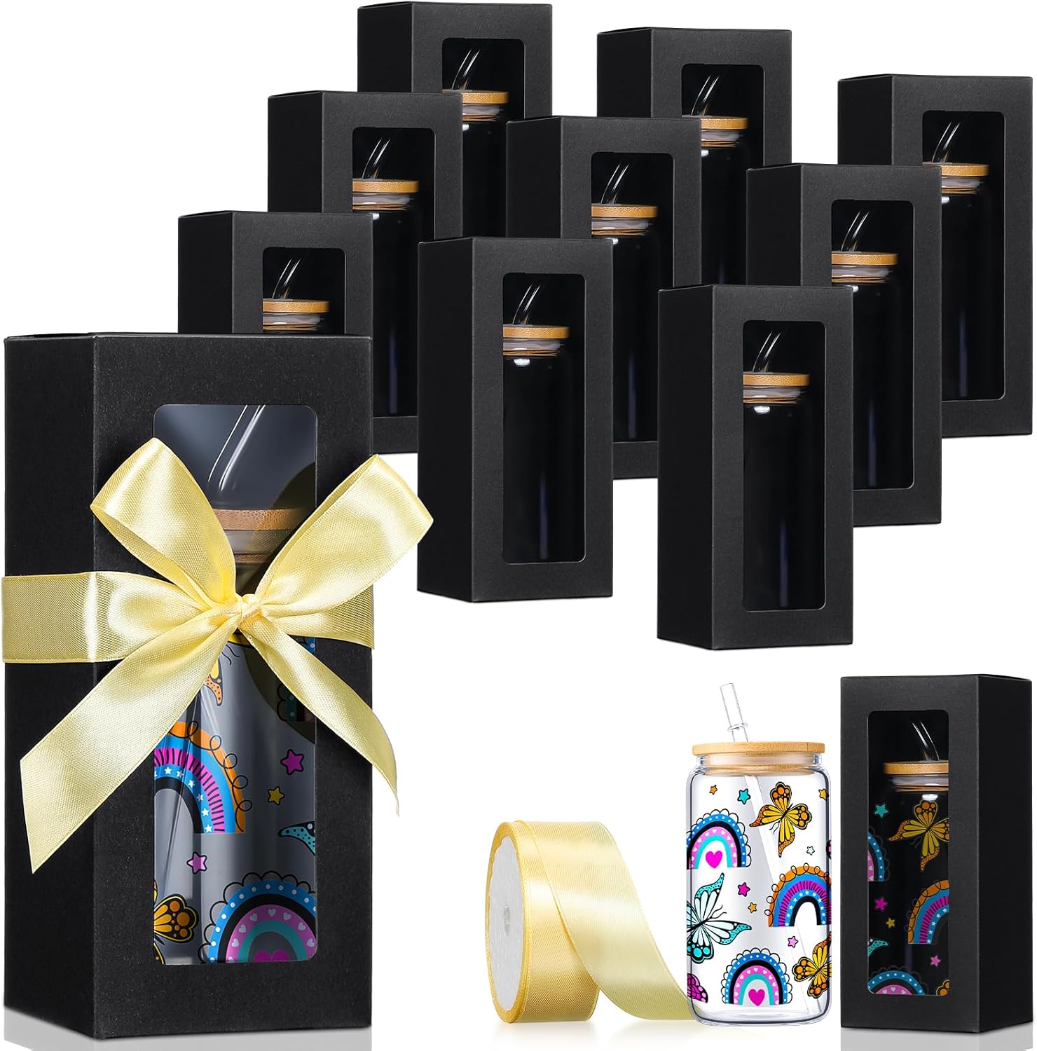 Honoson 24 Pcs Tumbler Gift Box with Ribbon for Sublimation Glass Exhibition Boxes Transparent for 12oz 16oz 20oz Drinking Cup Glasses Jars Mug Can Blanks(Black)