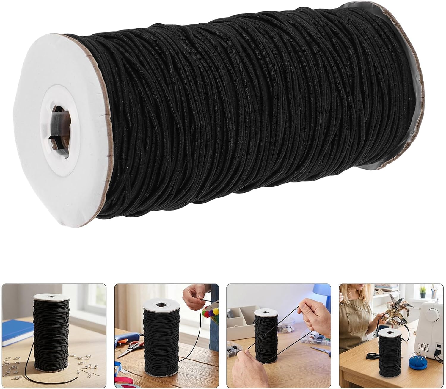 Black Elastic Beading Cord 3mm Polyester Round Stretchy String for Jewelry Making, Smooth Handling and High Elasticity, for DIY Masks and Party Hats, 100 Yards