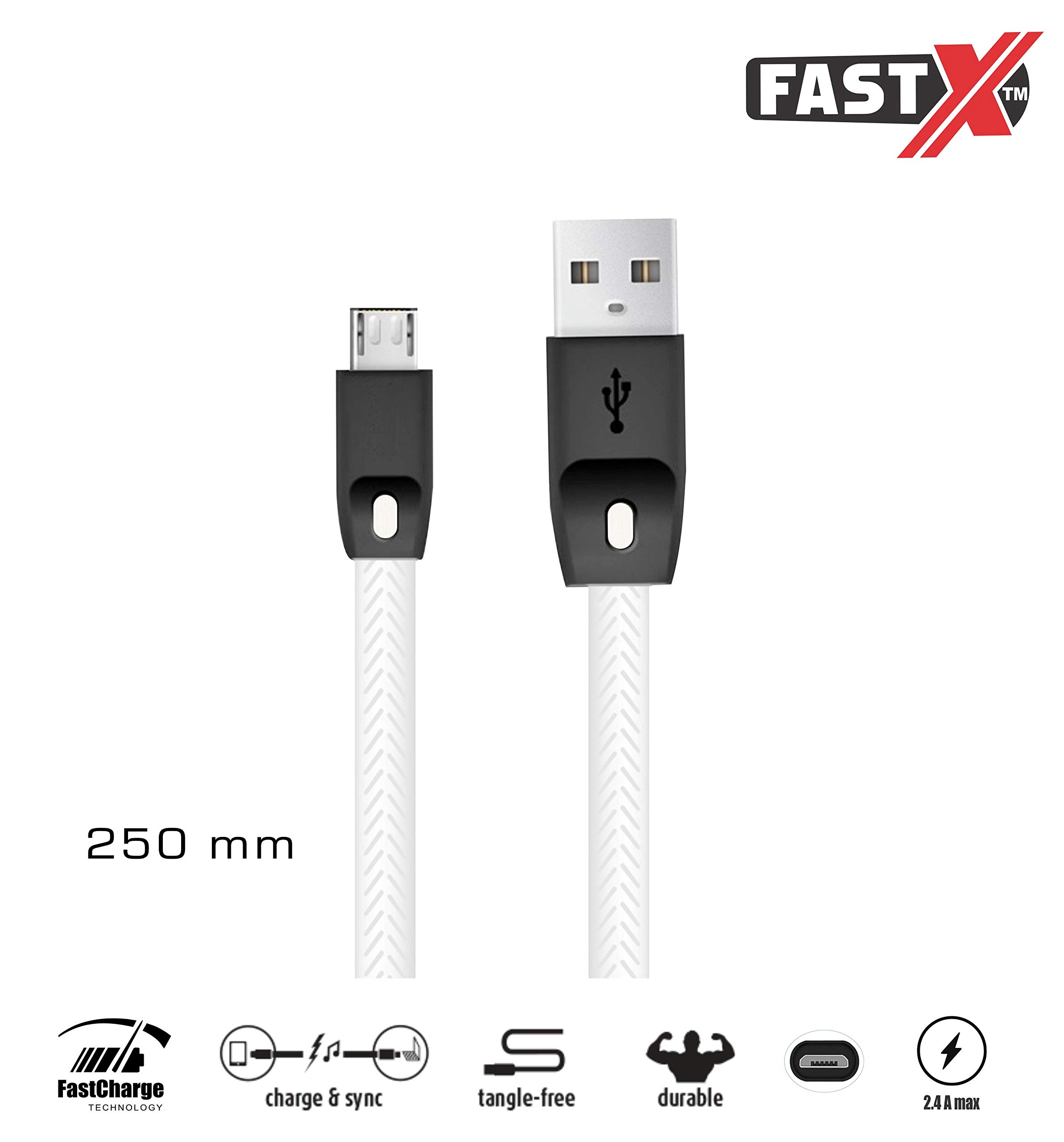 FASTX® Micro USB Cable - Power Bank Cable for Android Data Cables Fast Charging Cable Short Mini Small Flat Upto 2.1a Sync Powerbank Mobile Cable for Smartphones Laptop PC (White, Black) 1