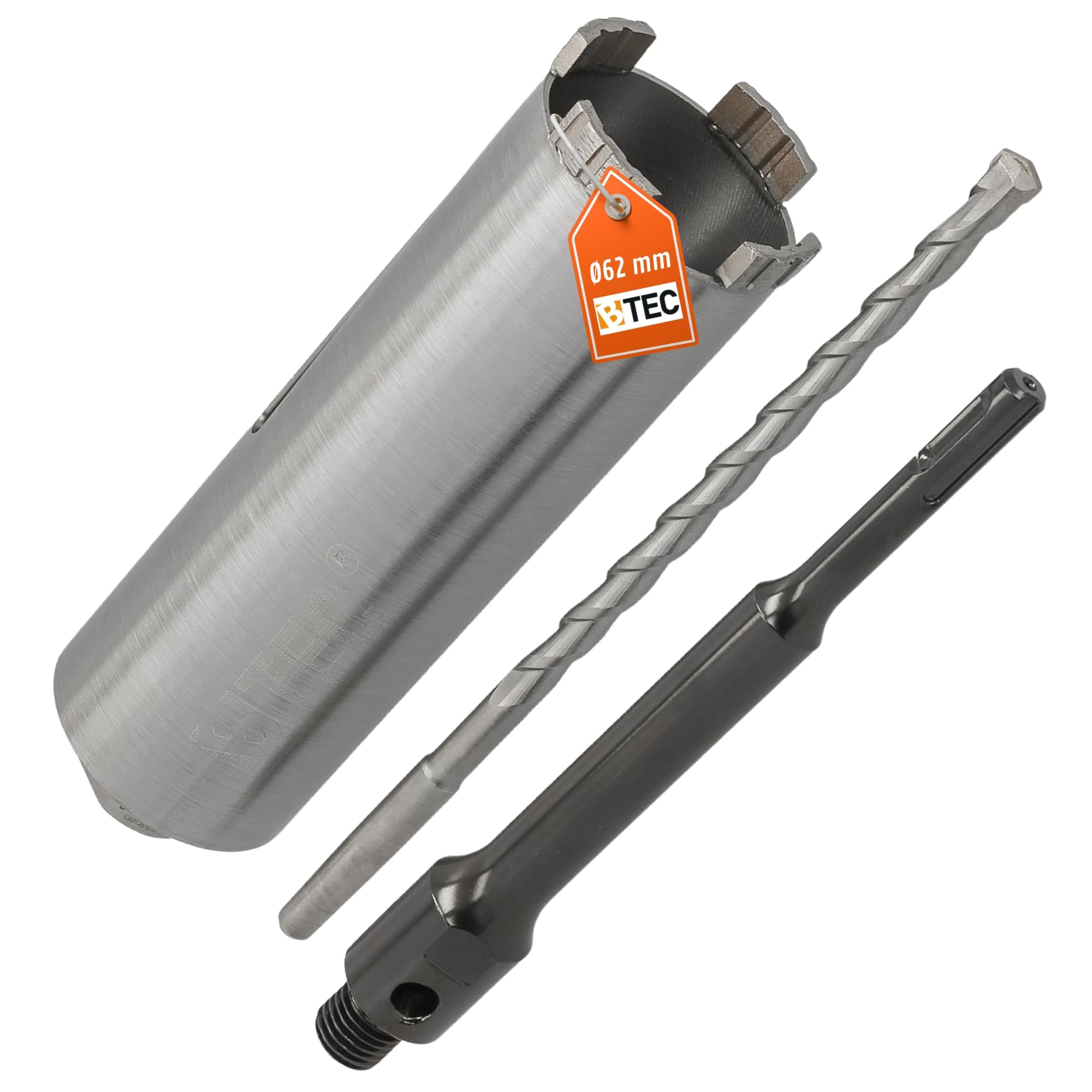 BTEC Corona diamantata per calcestruzzo con lunghezza utile di 180 mm per fori centrali in calcestruzzo, muratura, mattoni, poroton e altro ancora. Attacco SDS-plus lungo (200mm) e trapano di