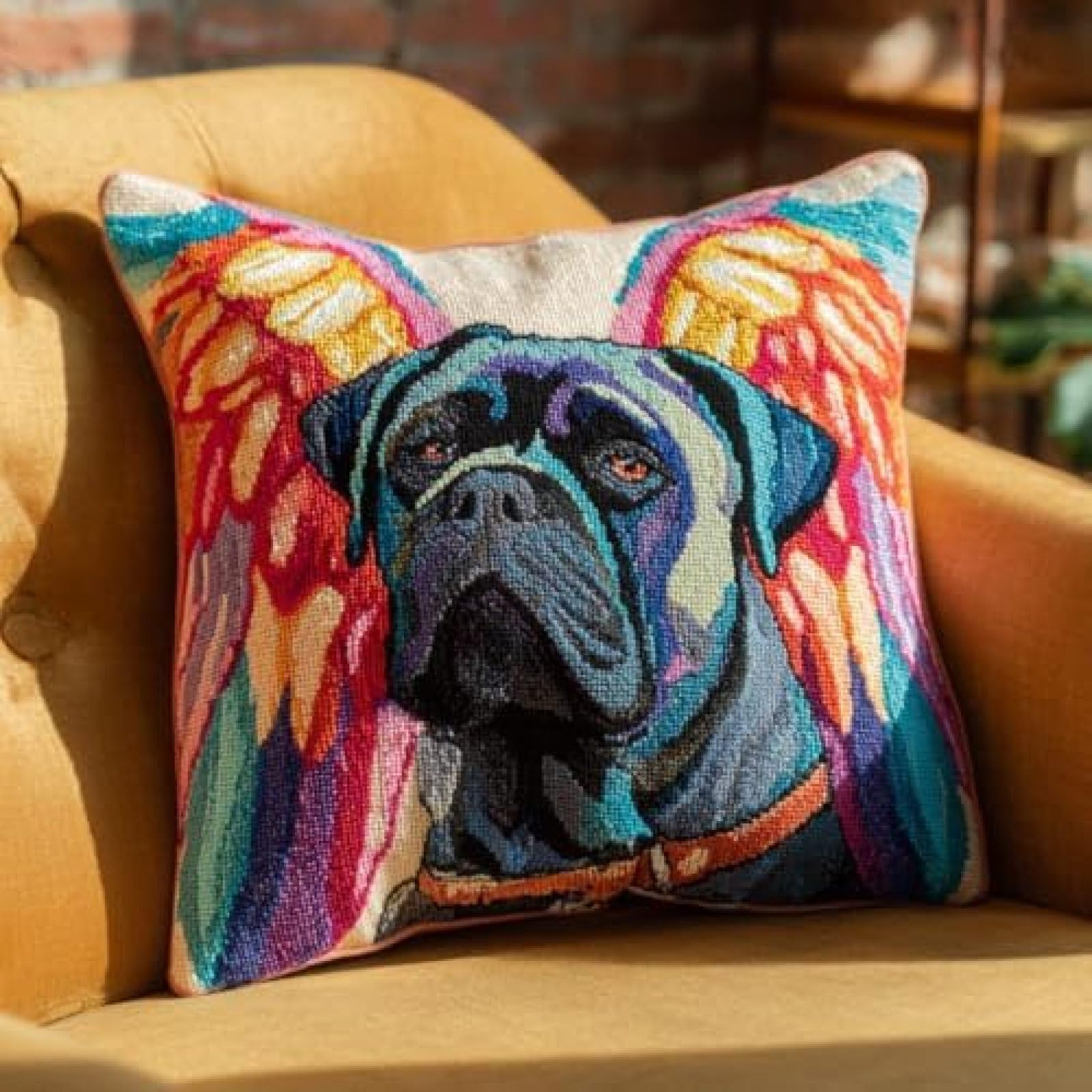 kitphoenix DIY Latch Hook Cushion Cover Kit for Adults,Cane Corso Dog Colorful Angel Wing,Embroidery Crochet Craft Kit with Pre-Cut Yarn,Printed Canvas and Hook,43x43 cm