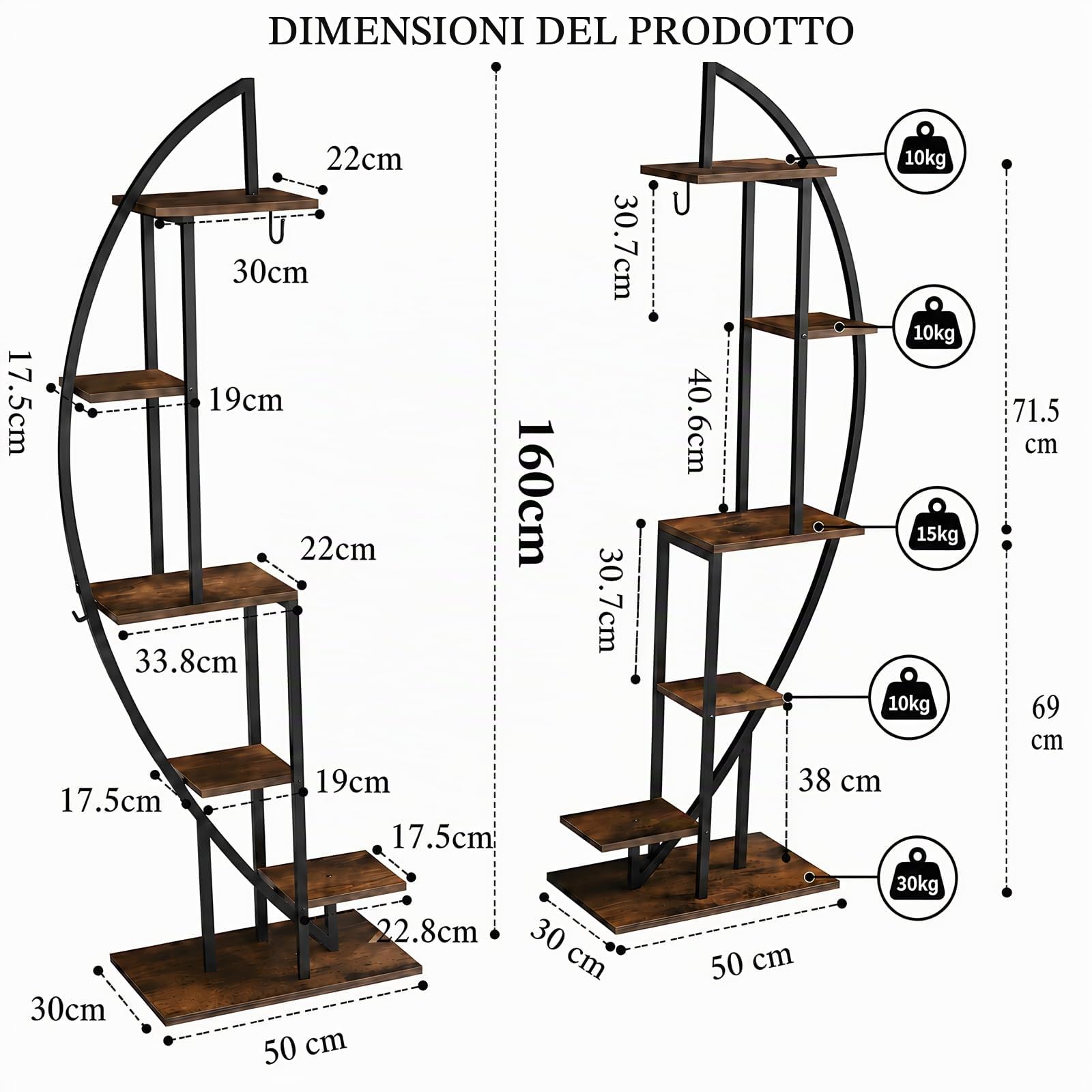 Scaffale Angolare Industriale con Luce LED Piante – Mobile Angolo Salvaspazio Stretto, Libreria Mezzaluna Legno e Metallo per Soggiorno, Ingresso o Camera, Altezza 160 cm