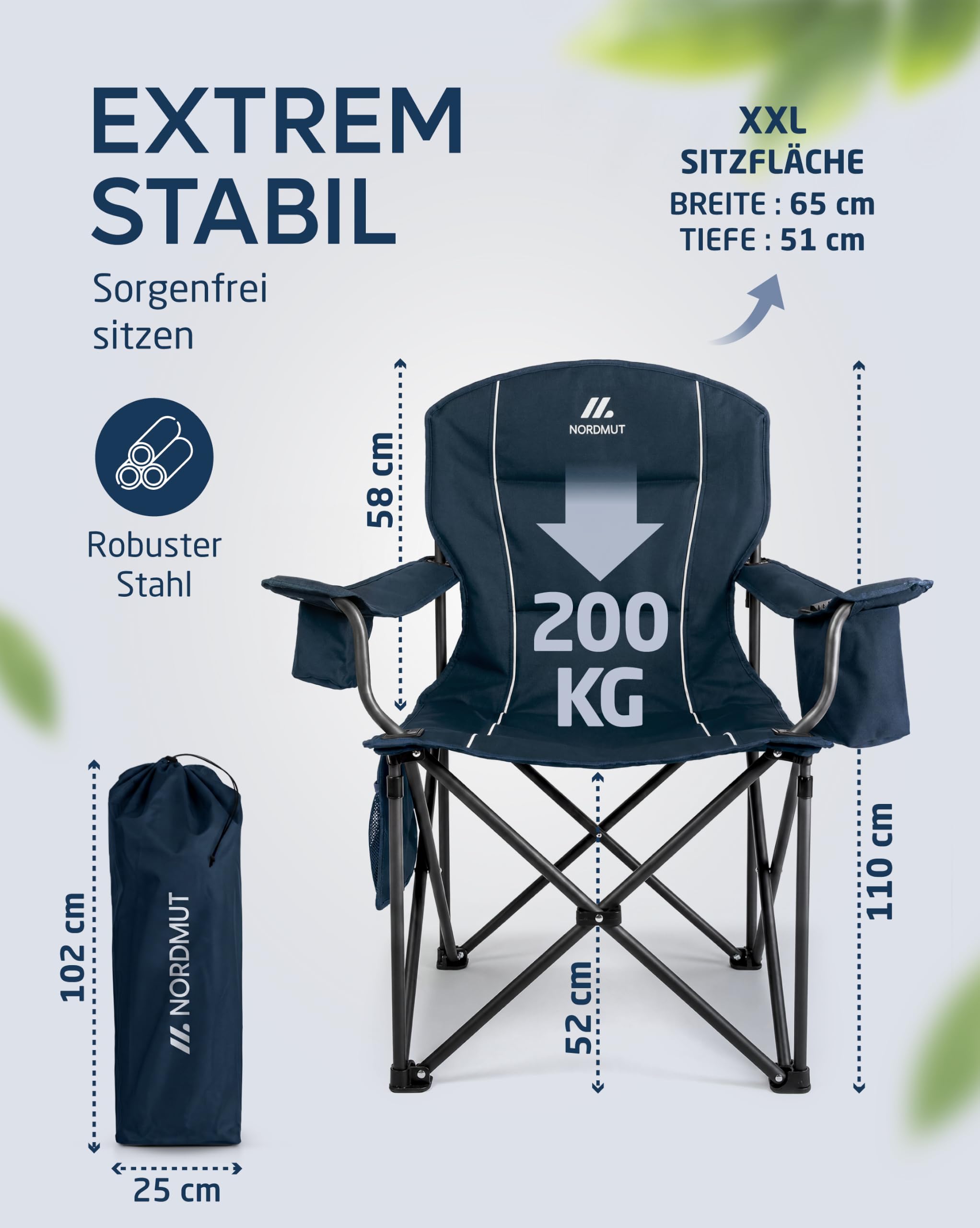 NORDMUT® Campingstuhl faltbar leicht – Stabiler Klappstuhl Camping 200 kg Belastung – bequemer Angelstuhl inkl. praktischer Kühltasche & Getränkehalter